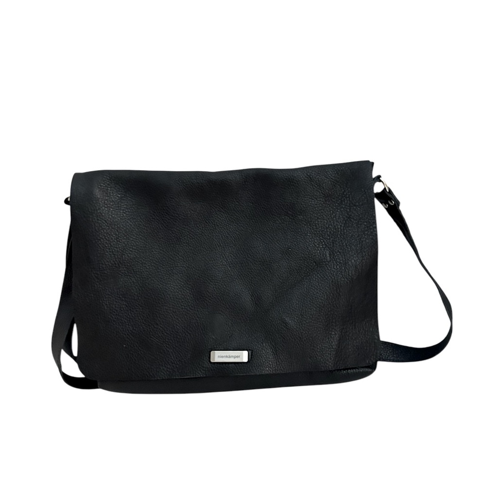 Nienkämper Leather Flap Closure Adjustable Length Messenger Laptop Bag Black